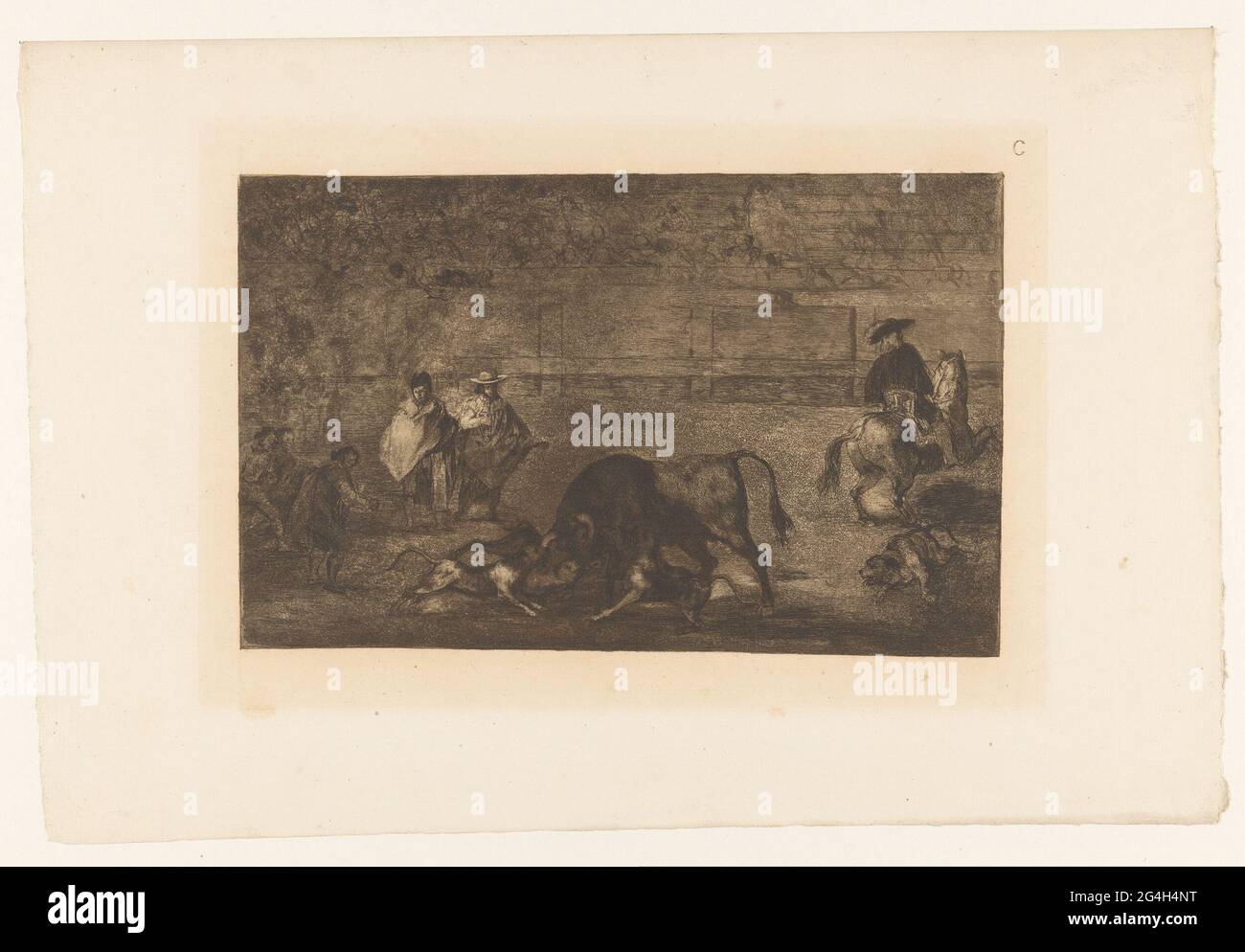 Taureau attaqué par des chiens; les chiens Lâchés sur le Taureau; Bullfighting; la taureaumachie; la Tauromaquia. Cinq chiens ont attaqué un taureau dans une arène. Un chien est blessé au sol. Sur la droite un homme à cheval, vu sur le dos. En haut à droite : C. Banque D'Images Taureau attaqué par des chiens; les chiens Lâchés sur le Taureau; Bullfighting; la taureaumachie; la Tauromaquia. Cinq chiens ont attaqué un taureau dans une arène. Un chien est blessé au sol. Sur la droite un homme à cheval, vu sur le dos. En haut à droite : C. Banque D'Images