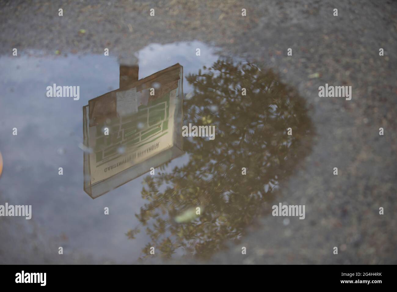 panneau d'information sur le jardin en tant que reflet dans une flaque d'eau Banque D'Images
