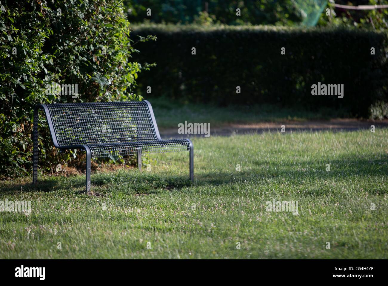 banc vide dans un parc, arrière-plan flou Banque D'Images