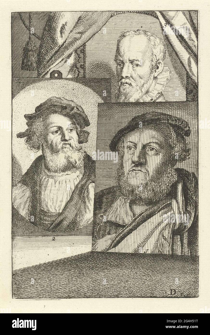 . Trois portraits d'artistes numérotés. Portrait de Hans Sebald Beham (No 1), Lucas Cranach I (No 2) et Gérard de Jode (non 3). Dans le coin inférieur droit étiqueté : D. Banque D'Images