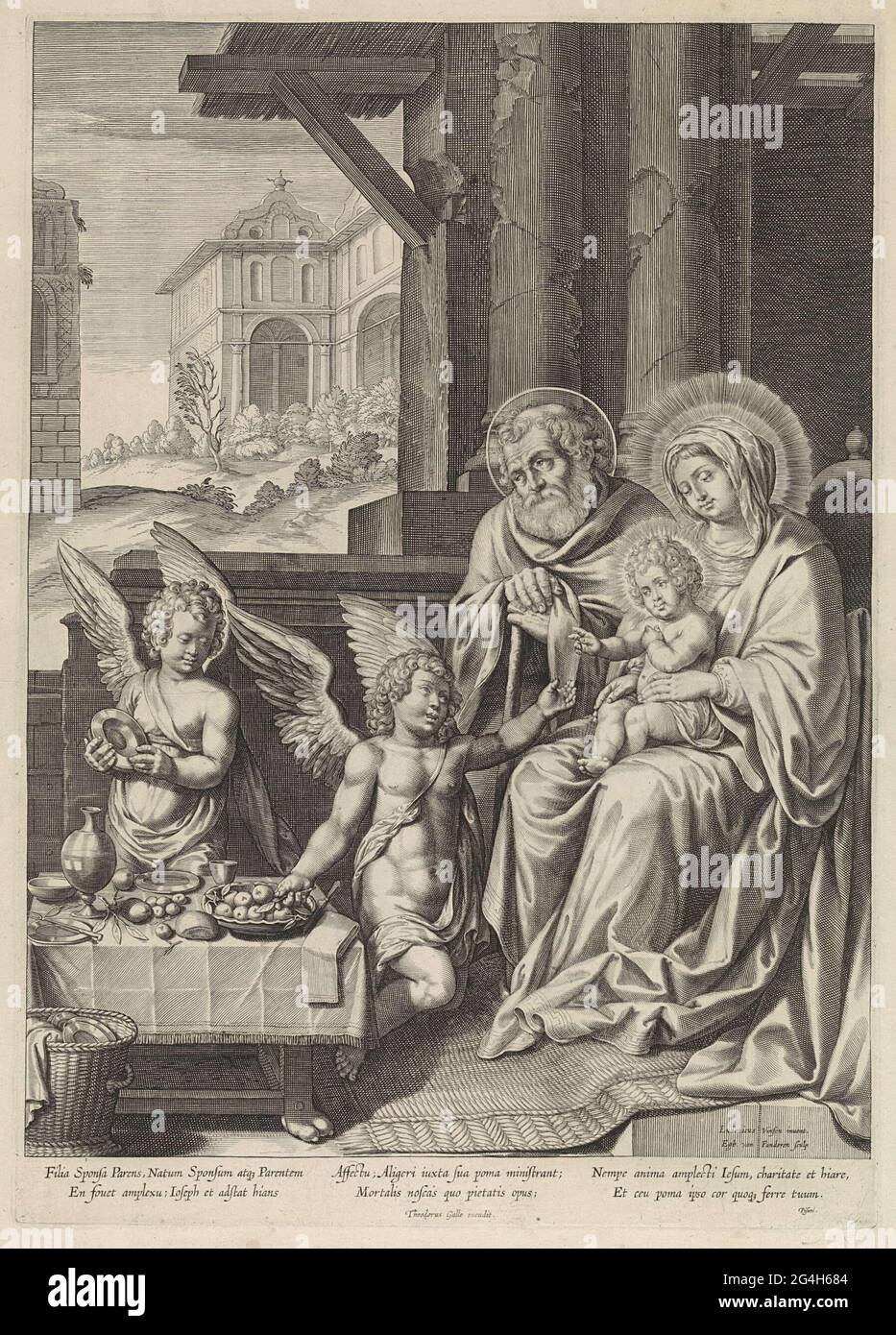 . Intérieur avec la famille sainte et deux anges. L'enfant Christ est à Maria sur Schoot et fait un geste de bénédiction. Jozef s'agenouille et penche sur son équipe à côté d'eux. Les deux anges sont sur une table fixe. Dans la marge, une légende de six lignes en latin. Banque D'Images