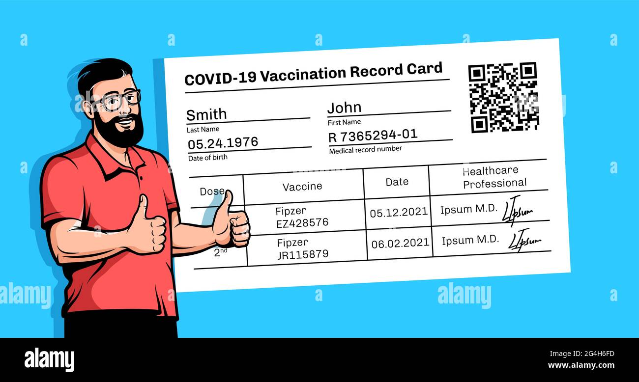 Homme barbu positif avec un certificat de vaccination Illustration de Vecteur