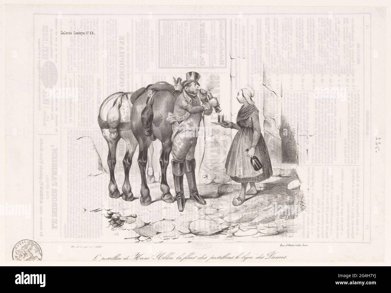 Le Postilion; le postillon du mam 'abblock, la fleur du postilion, le bijou des dames.; galerie comique. Post A ÉMERGÉ SON TUYAU, TANDIS QU'UNE femme d'un fermier lui offre le vin. Banque D'Images