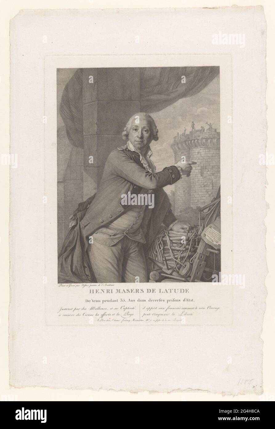 Portrait de Jean Henri Latoude pointant vers la Bastille en arrière-plan, une échelle de corde sous sa main gauche; Henri masers de Latoude. . Banque D'Images