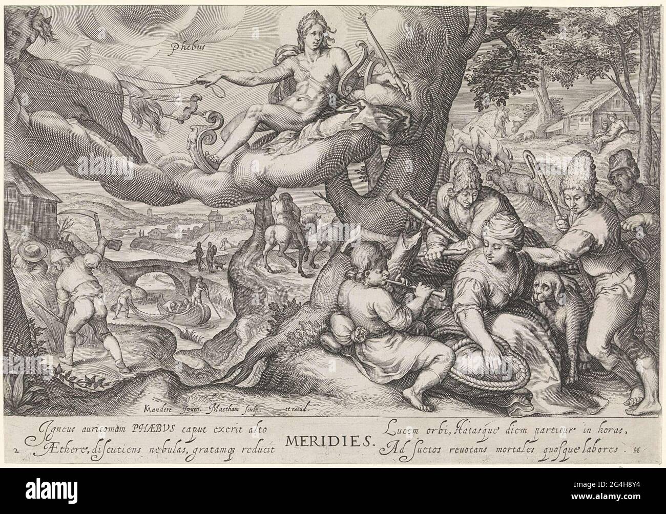 . Après-midi. Représentation allégorique de l'après-midi. Dans les nuages Phoebus Apollon comme un dieu solaire dans sa quadriga, comme une personnification de l'après-midi. Au rez-de-chaussée sur terre, de nombreuses activités telles que la tonte, la musique de pêche et les chapeaux de chèvres. Banque D'Images