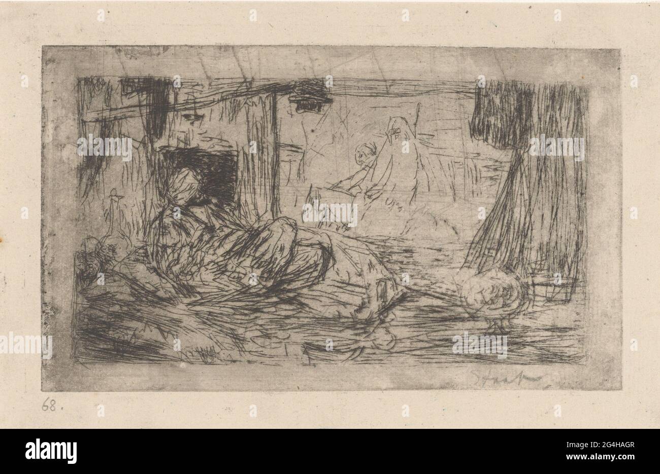 Homme fumant un tuyau d'eau. Un intérieur avec un homme horizontal qui fume un tuyau d'eau au premier plan. En arrière-plan, deux figures assises. Banque D'Images