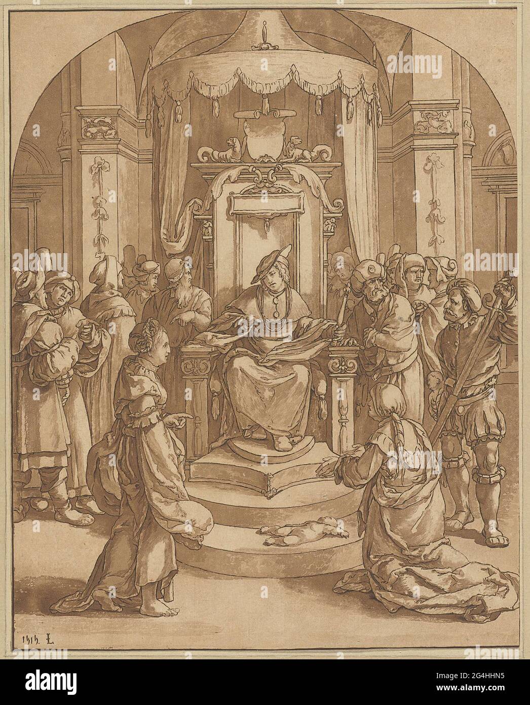 Le roi Salomon est assis sur son trône et velle son jugement. Il donne  l'ordre de laisser le bébé partager en deux pour déterminer qui est la mère  de l'enfant. Droit