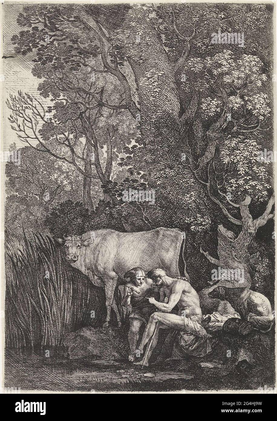 . Mercure est en conversation avec le géant argus. Il garde sa flûte à la main. Derrière Mercure et Argus se trouve la vache io. Scène de Ovid 'métamorphoses (avec. I, 682-687). Banque D'Images