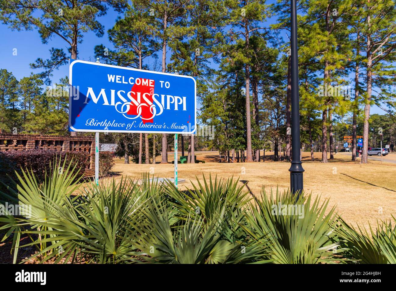 Magnolia, MS - 14 janvier 2021: Bienvenue au Mississippi Sign, lieu de naissance de la musique de l'Amérique Banque D'Images