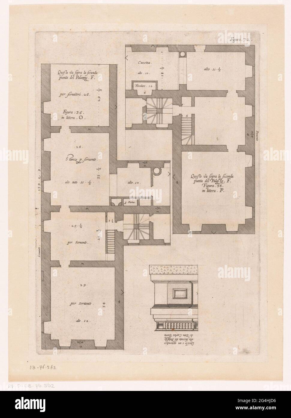 Carte de l'Entresol du Palazzo Spinola et détail de la façade du Palazzo Doria-Tursi à Gênes; ceci va au-dessus de la deuxième usine ou du bâtiment. F. / Ceci est une annexe à la façade du Palazzo de don Carlos Doria; bâtiments de Gênes / Palackes Antique. Avec Italiaet explication. Banque D'Images