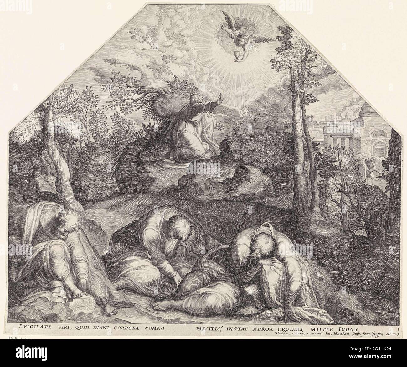 . Christ dans le Hof van Getsemane, avec un ange qui lui apparaît avec un but. Au premier plan les apôtres endormis. Banque D'Images