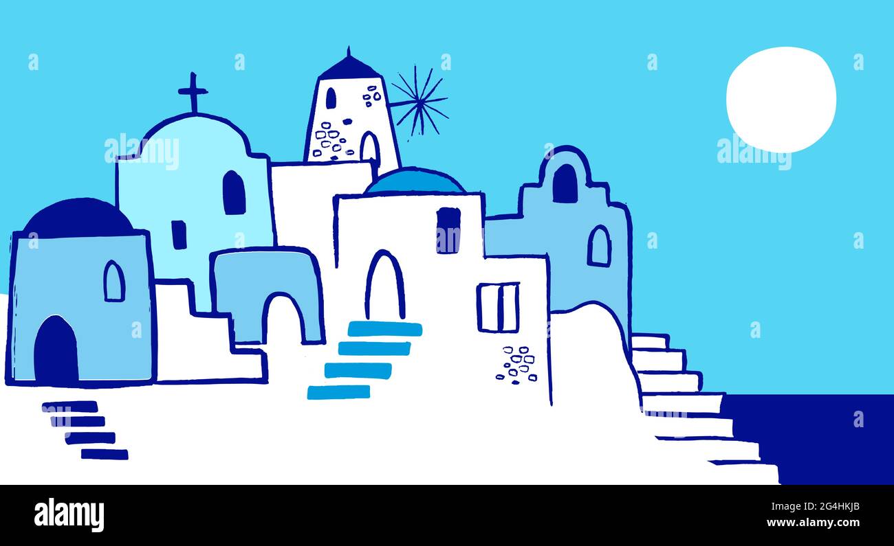 Grèce illustration dessinée à la main. Les rues de la vieille ville de Santorin, les maisons traditionnelles et célèbres et les églises aux dômes bleus Illustration de Vecteur