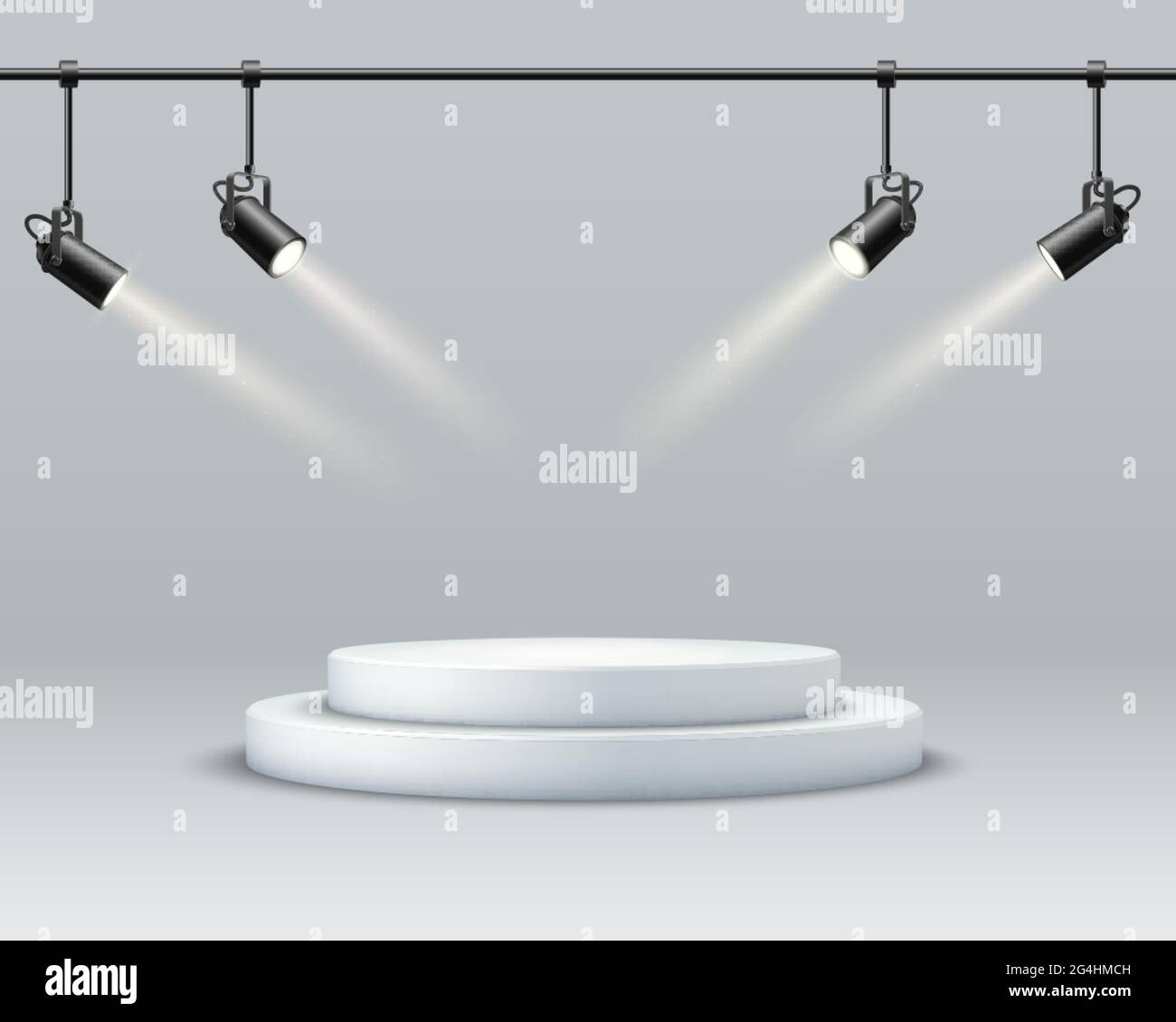 Arrière-plan abstrait du podium. Un intérieur réaliste et lumineux avec un podium et des spots. Illustration de Vecteur
