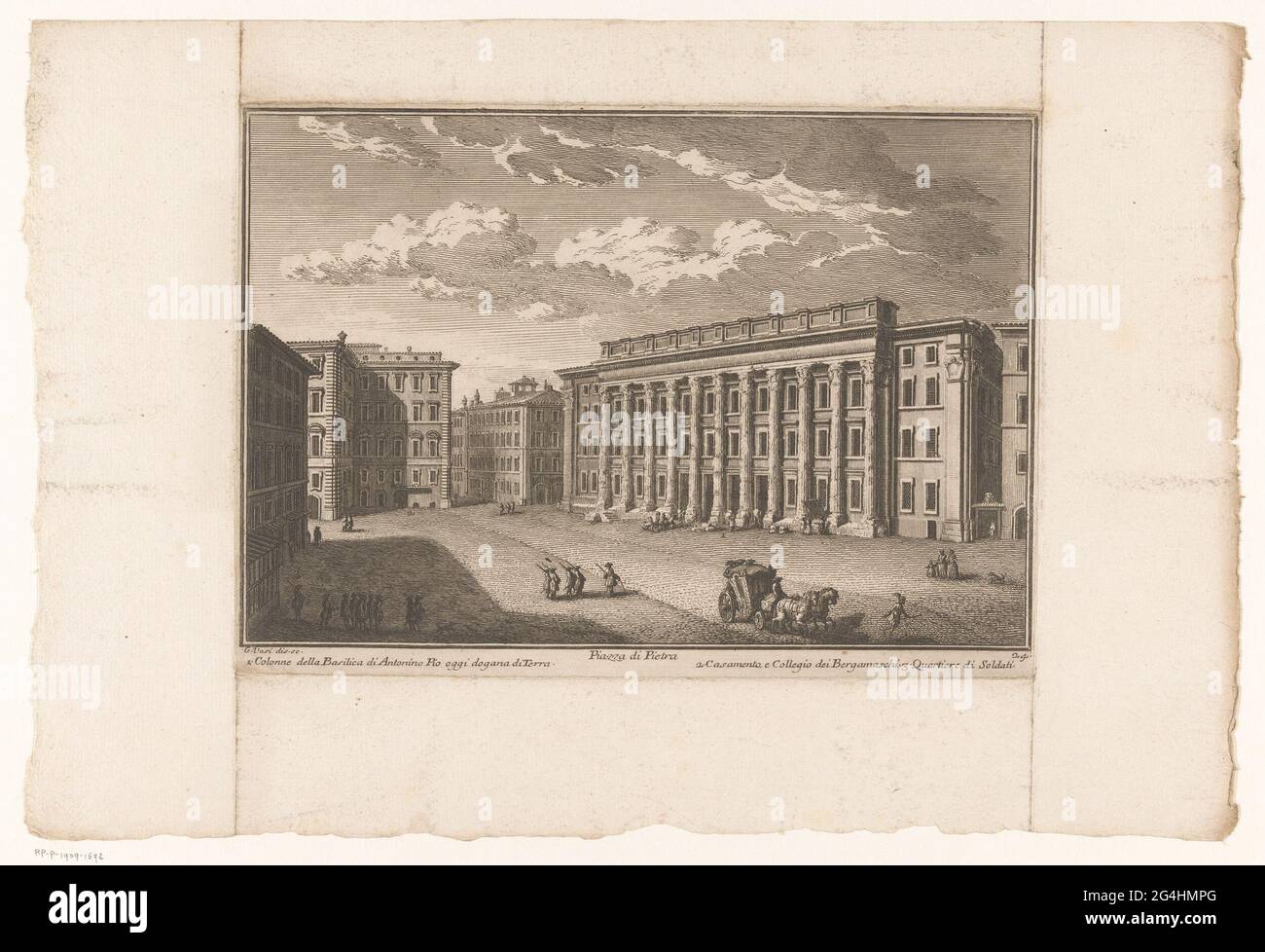 Vestiges du temple d'Hadrien à Rome ; Piazza di Pietra ; Delle Magnifienze di Roma Antica E Moderna. Vue sur la Piazza di Pietra avec le bureau de douane papal du XVIIe siècle, dans lequel les vestiges du temple d'Hadrien ont été incorporés dans la façade. Numéroté en bas à droite : 24. Titre et liste explicative des numéros dans Undermarge. Banque D'Images