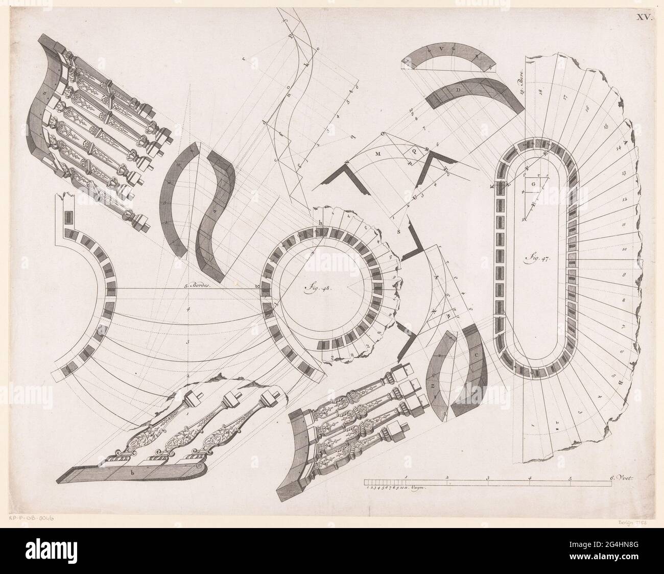 Dessins techniques des escaliers; Theatrum Machinarum Universal; ou nouveau généralement ingénierie (...). Dessins techniques d'un escalier avec plaques et d'un escalier avec quartiers conduits (numéros 47 et 48). Vues sur le dessus et les côtés et barrières d'escalier. Banque D'Images