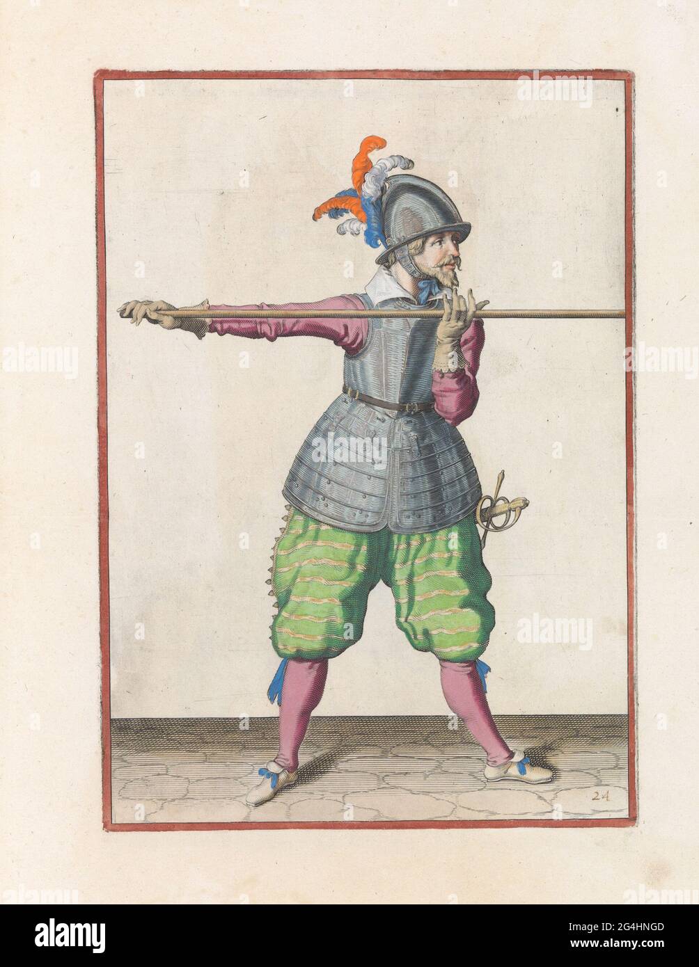 Soldat portant sa brochette avec les deux mains horizontalement à hauteur d'épaule, sa main droite au pied de l'arme; Corte Underswsinghe sur la figure figureerliicke, entre autres T'oodcht Ghebruyck, d'Al T'ghene a Soldaet Int agissant de la brochette est Nreich. Un soldat, pour les pieds, qui porte une brochette (lance) avec les deux mains horizontalement à hauteur d'épaule, sa main droite au pied de l'arme. Cet imprimé fait partie de la série de 32 imprimés numérotés à la main de brochettes dans l'opéra d'armes. Banque D'Images