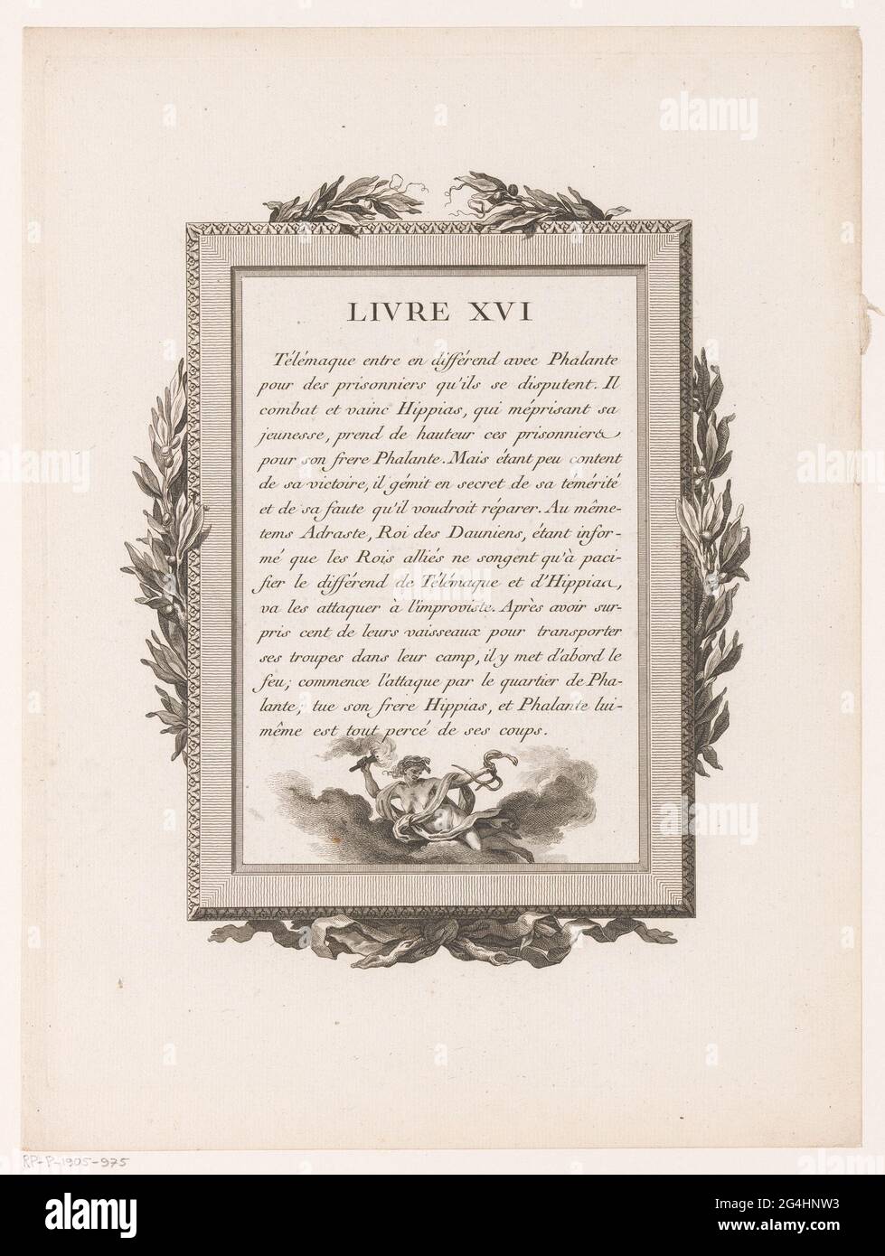 Fridden texte français avec des branches d'olive et une figure mythologique. Seize textes français, intitulé 'Livre XVI' avec l'image d'une gorgone ou d'une figure allégorique du temps sur un nuage avec une torche et un serpent entre ses mains. Le tout est flatté par un cadre décoratif avec des branches d'olive et au fond d'un arc. Banque D'Images