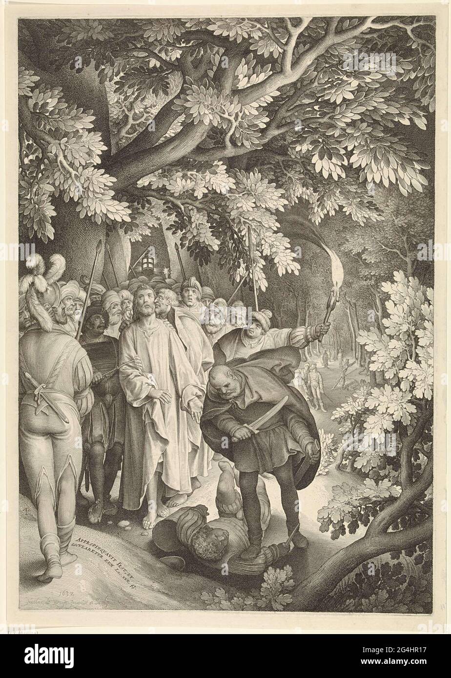 . Christ et ses étudiants à la cour de Getemane. Judas côte Christ sur la joue. Les soldats l'entourent et l'arrêtent. Pierre essaie de défendre le Christ et tombe dans l'un des soldats. Banque D'Images