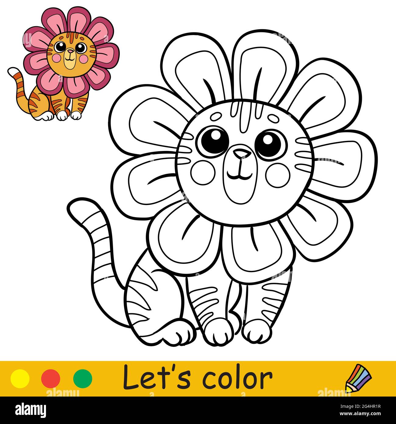 Mignon petit chat heureux dans un costume de fleur. Page de livre de coloriage avec modèle coloré pour les enfants. Illustration vectorielle isolée. Pour livre de coloriage, impression, Illustration de Vecteur
