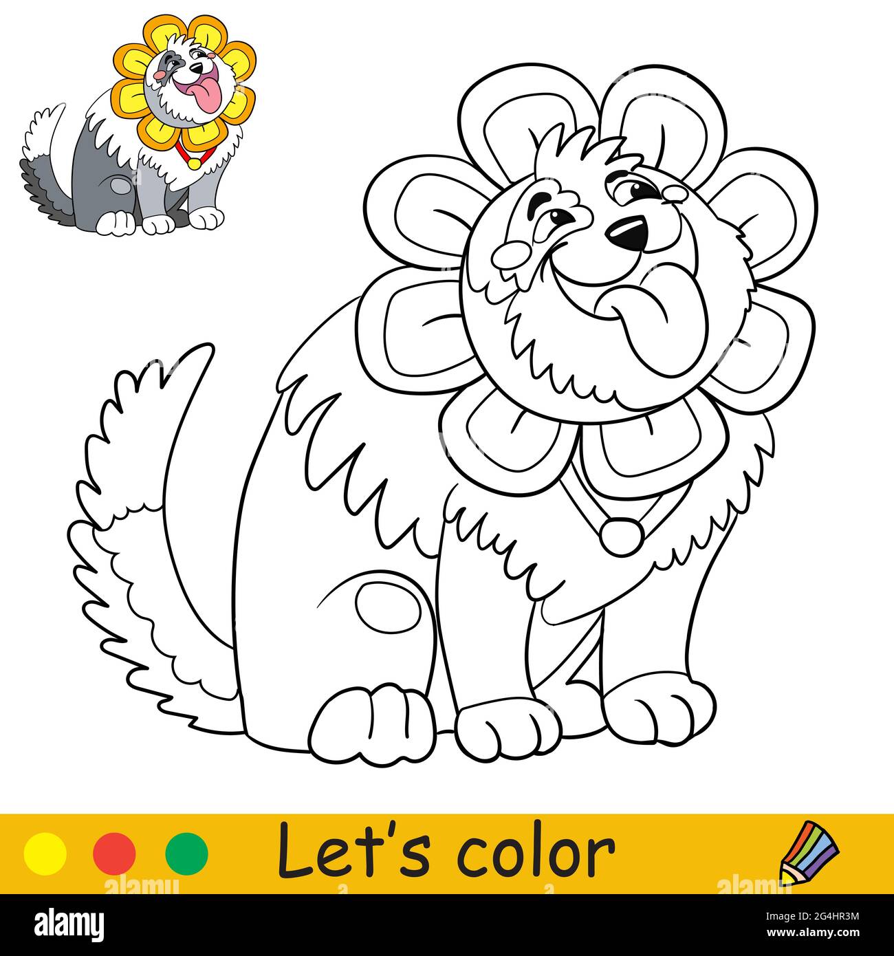 Joli petit chien moelleux dans un costume de fleur. Page de livre de coloriage avec modèle coloré pour les enfants. Illustration vectorielle isolée. Pour livre de coloriage, pr Illustration de Vecteur