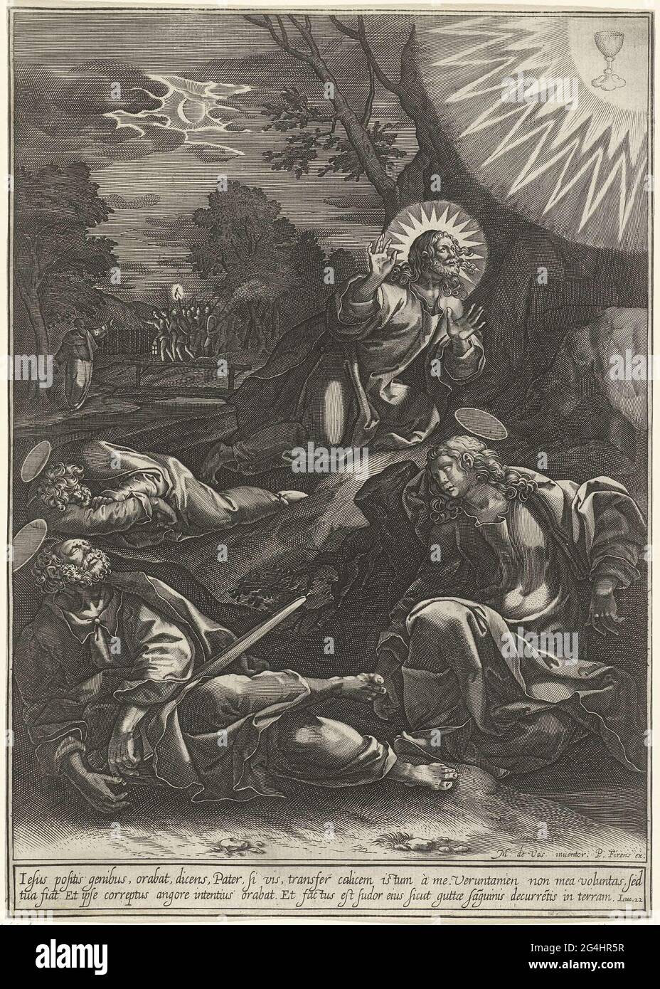 . Le Christ priant et les apôtres endormis dans le jardin de Getsemane. Dans le coin supérieur droit une vision avec un calice lumineux. En arrière-plan, Judas entre avec les soldats Getsemane. L'imprimé a une légende latine avec un texte de la Bible et est la deuxième impression d'une série de quatorze parties sur la passion du Christ. Banque D'Images