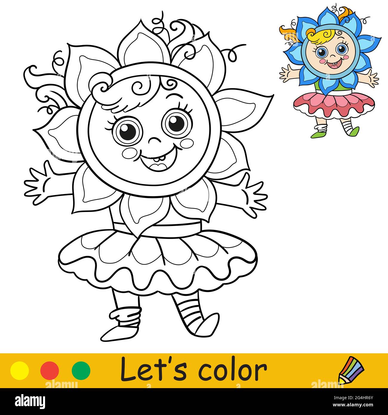 Jolie petite fille heureuse dans une jupe et un costume de fleur. Page de livre de coloriage avec modèle coloré pour les enfants. Illustration vectorielle isolée. Pour colorier b Illustration de Vecteur