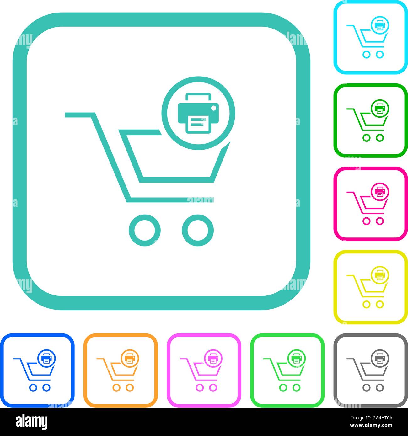 Éléments du chariot d'impression icônes plates aux couleurs vives dans des bordures courbes sur fond blanc Illustration de Vecteur