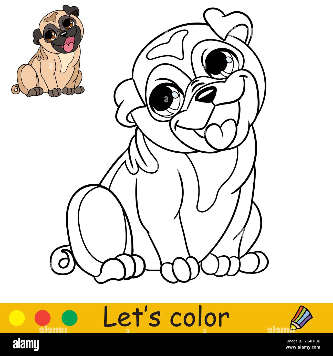 Mignon petit assis et sourire chien pug. Page de livre de coloriage avec modèle coloré pour les enfants. Illustration vectorielle isolée. Pour livre de coloriage, imprimer, g Illustration de Vecteur