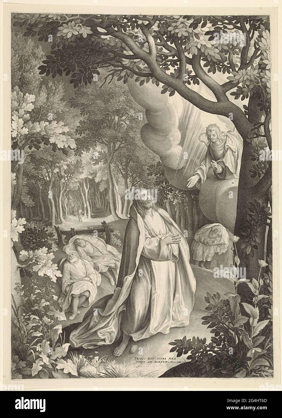 . Le Christ prie Dieu dans la cour de Getemane. Il voit un ange dans une vision. Ses trois étudiants ne peuvent pas rester éveillés et dormir derrière lui. En arrière-plan les soldats qui arrêteront Christ. Banque D'Images