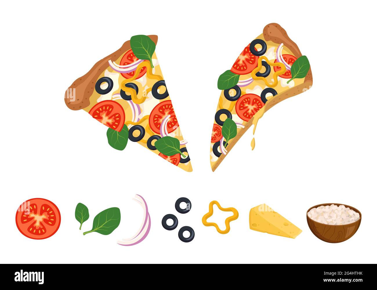 Une tranche de pizza avec du fromage fondu, des tomates, des olives et du basilic Illustration de Vecteur