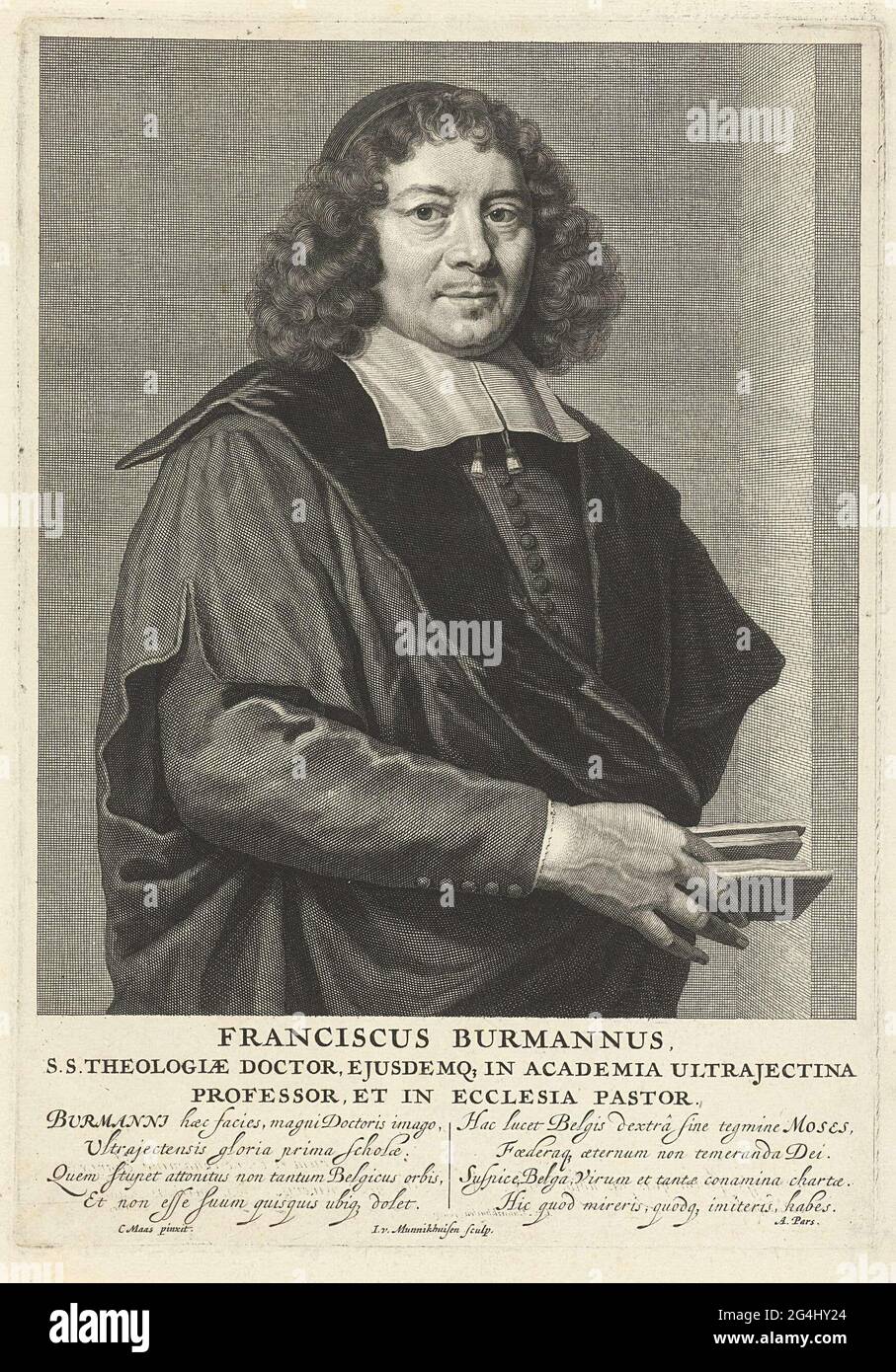 . Portrait de Frans Burman (I), pasteur et professeur de théologie à Utrecht, avec une Bible à la main. En bas de la marge, deux versets à quatre lignes en latin. Banque D'Images