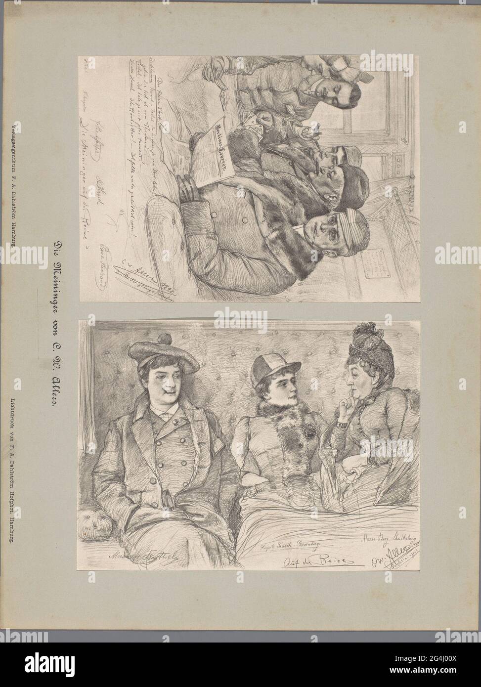 Deux reproductions de photos de dessins, représentant un portrait de cinq acteurs jouant des cartes dans un coupé de train et un portrait de trois acteurs dans un coupé de train; que MEININGER VON C. W. Allers. . Banque D'Images