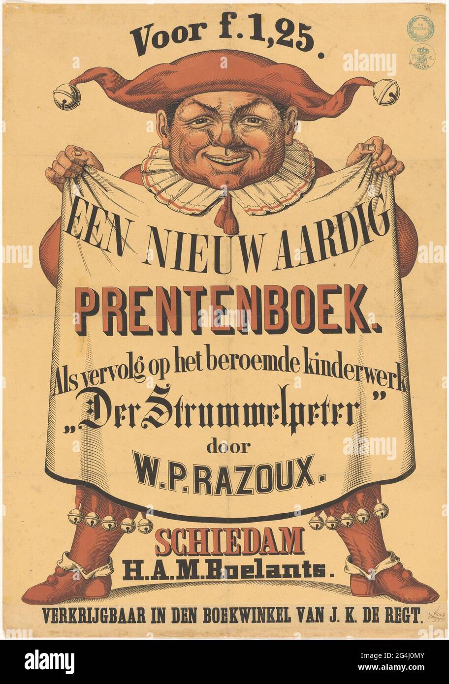 Affiche pour un nouveau livre d'images de Willem Paulus Razoux. Un jester avec des bulles à son chapeau et ses jambes tient un tissu avec le texte publicitaire. Banque D'Images