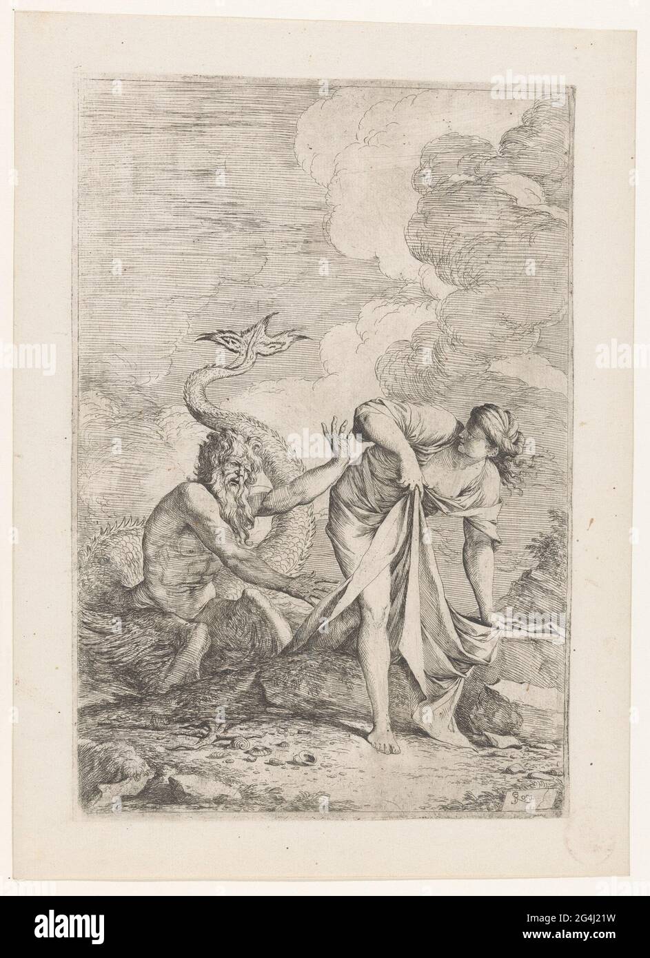 Vol de Scylla pour le glaucus. Le Zeenimf Scylla fuyant pour le glaucus qui s'étend à gauche avec la barbe et la queue de poisson sinueuse à ses bras. Le glaucus était un pêcheur qui s'est transformé en centaure de mer après avoir mangé des toxes dans un centaure de mer et est tombé amoureux de SCYLLA. Banque D'Images