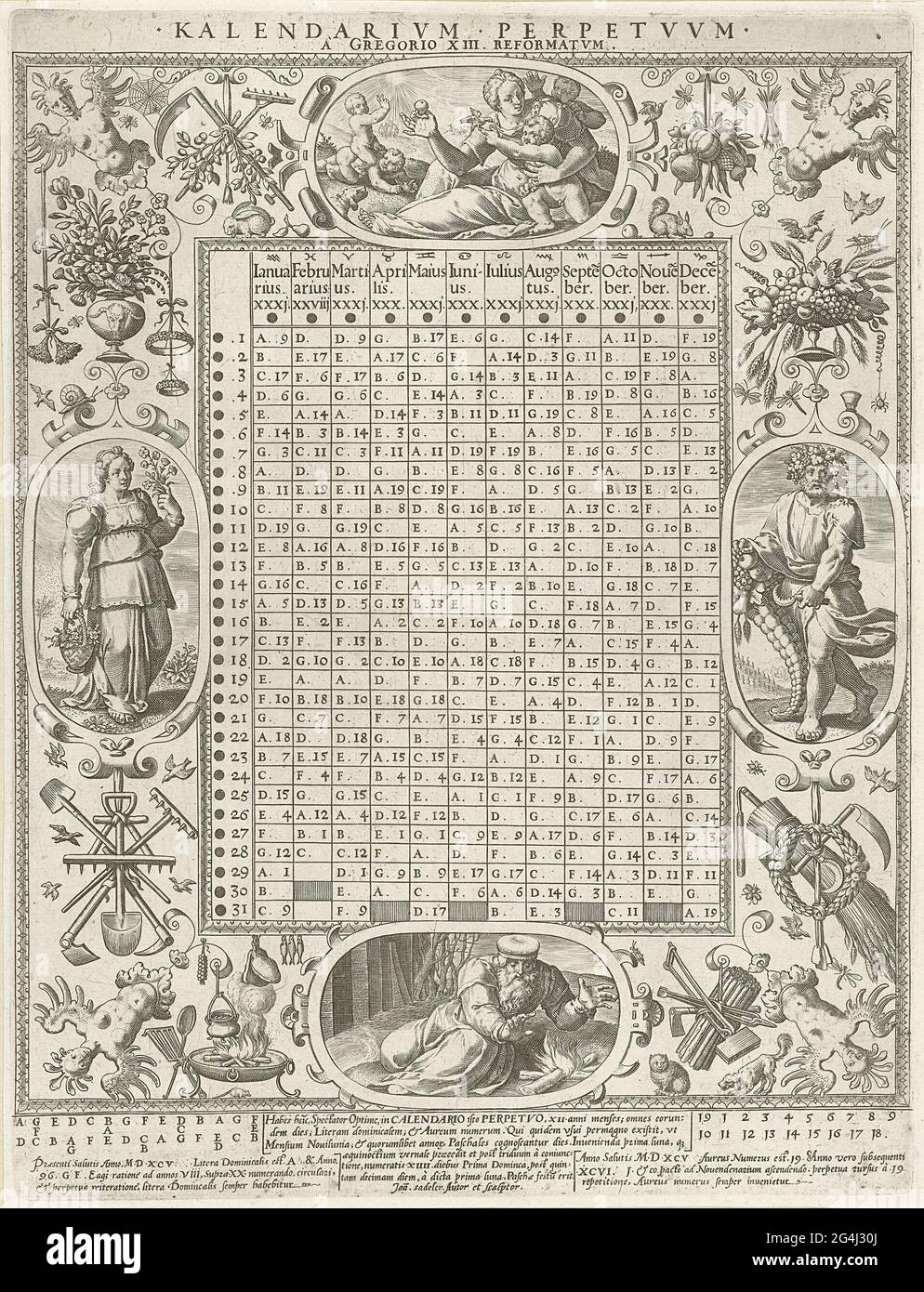. Un calendrier grégorien avec les jours et les mois de l'année. Autour du calendrier une 