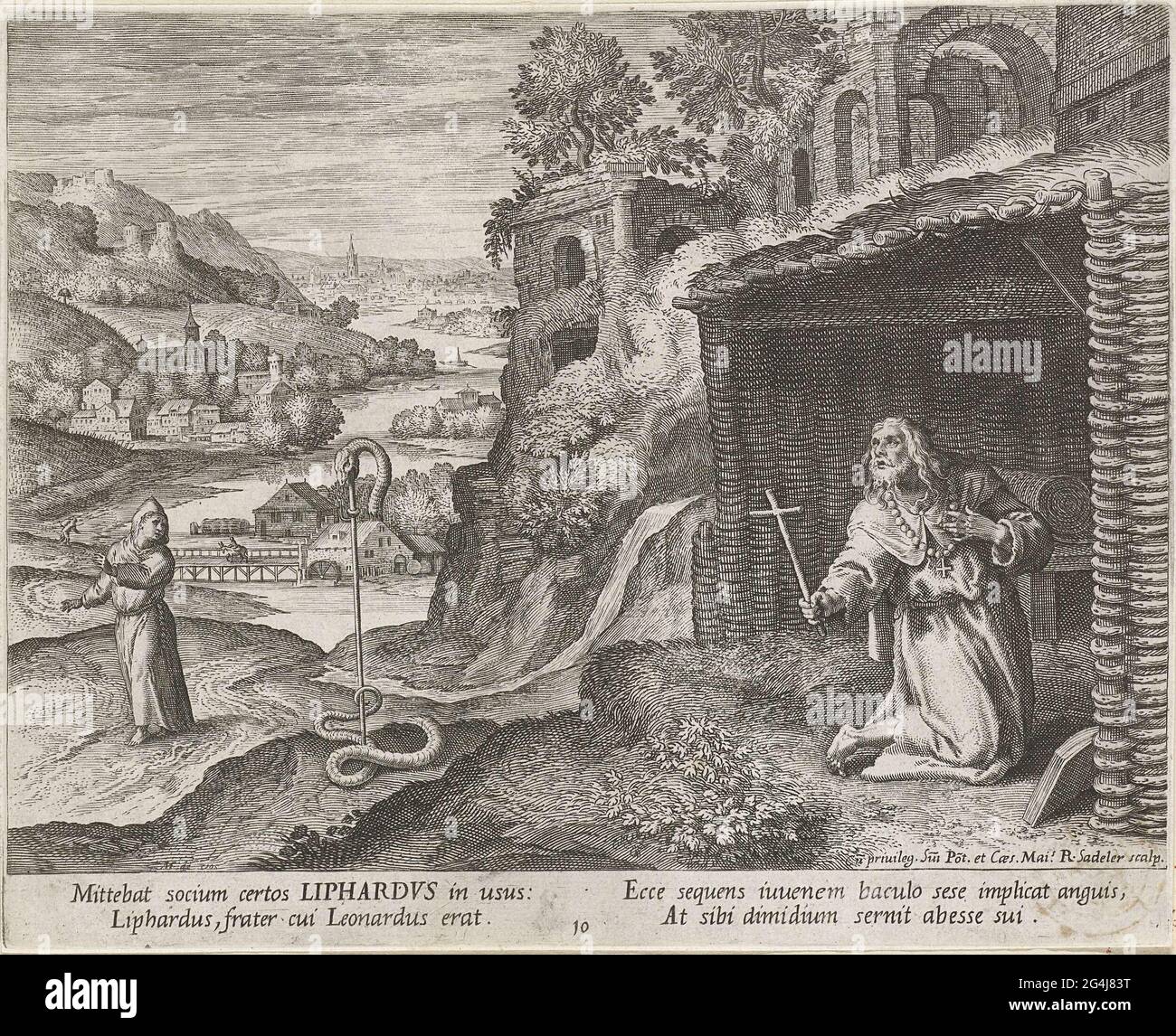 . Un paysage avec une ruine. Au premier plan, le H. Liphardus de Meung-sur-Loire, ermite du sixième siècle après J.-C. Il s'est agenouillé pour prier dans sa cabine. En arrière-plan un moine à côté d'un personnel à laquelle la tête d'un serpent. Le corps du serpent est situé à côté du personnel au sol. Banque D'Images