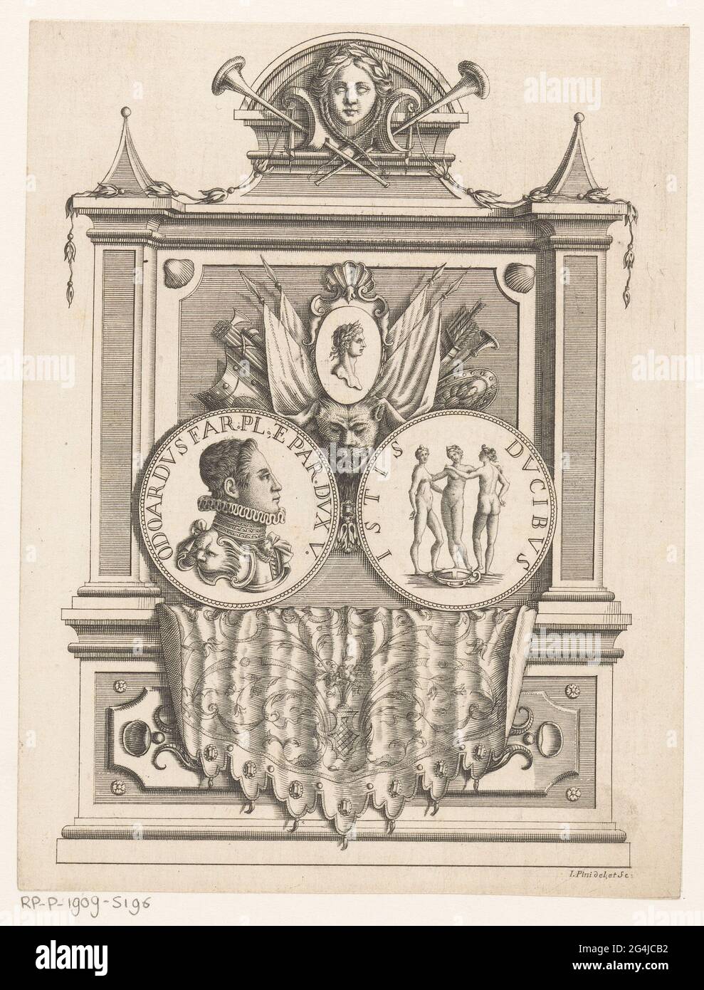 Objet architectural avec le portrait d'Odoardo Farnese, duc de Parme et Piacenza. Objet architectural, semblable à un monument funéraire. Au milieu, deux médaillons : à gauche, le portrait d'Odoardo farnese et à droite, les trois tombes. Au-dessus des attributs de médaillons de la lutte, y compris des bannières, des trompettes et des boucliers. Banque D'Images