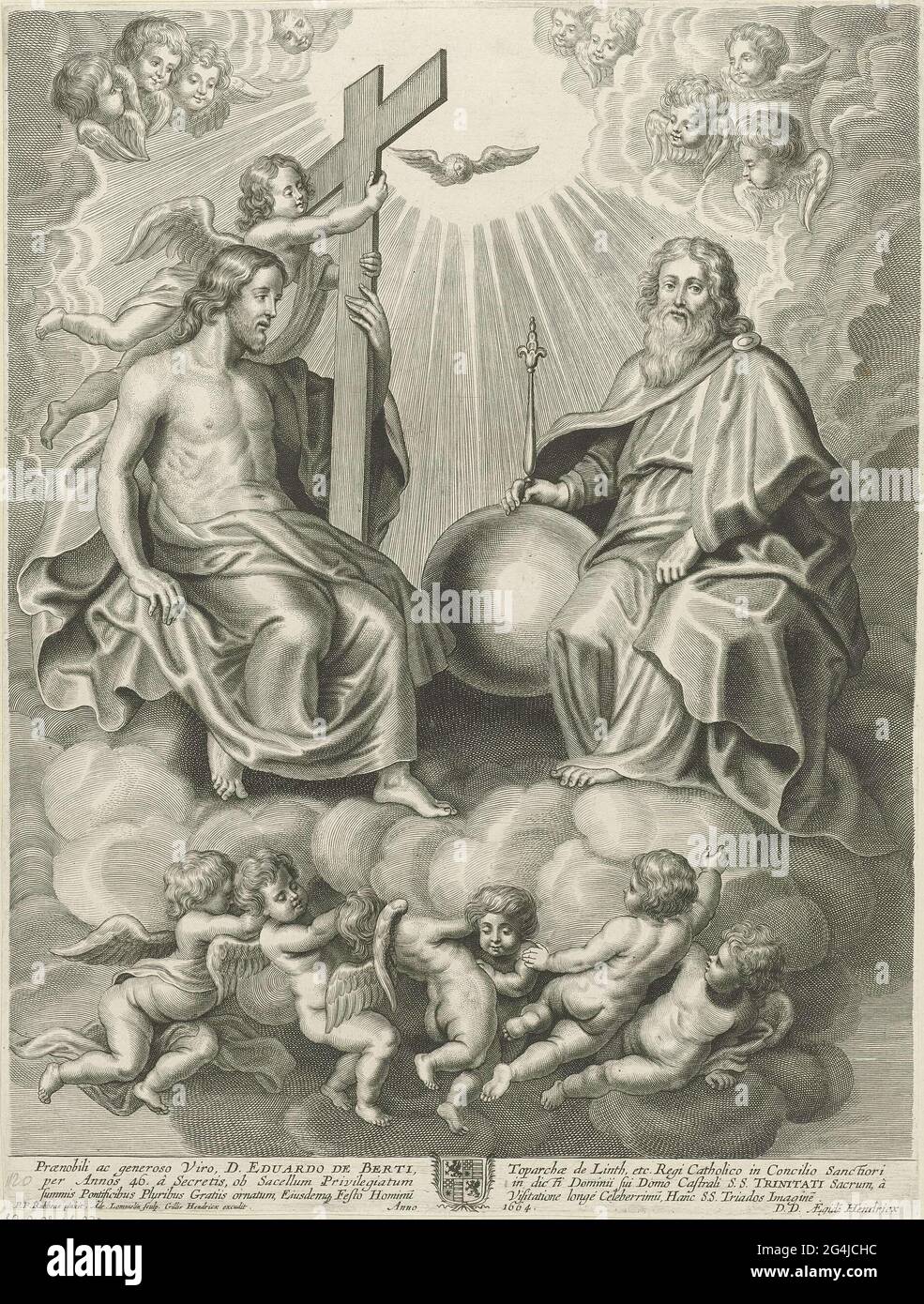 La sainte trois-unité sur les nuages, tenue par un groupe d'anges. A  droite, Dieu est comme un vieil homme avec le globe et le scepter, à  gauche, Christ avec la croix.