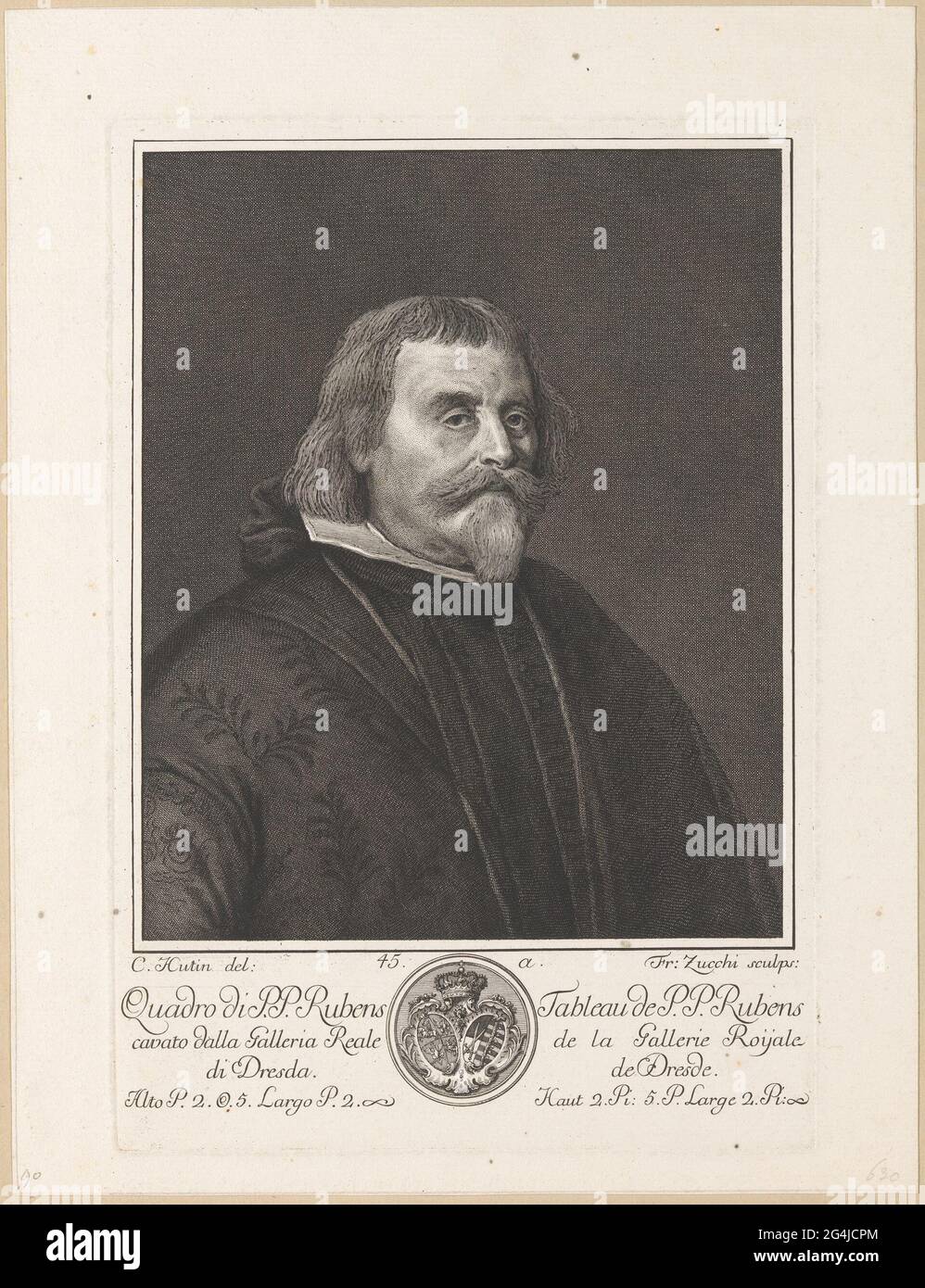 Portrait d'un chevalier dans l'ordre de Santiago; Recueil d'Etampes d'apres les plus célèbres tableaux de la Galerie Royale de Dresde; peintures à Dresde. Sous le portrait, un blason et du texte en italien et en français. Banque D'Images