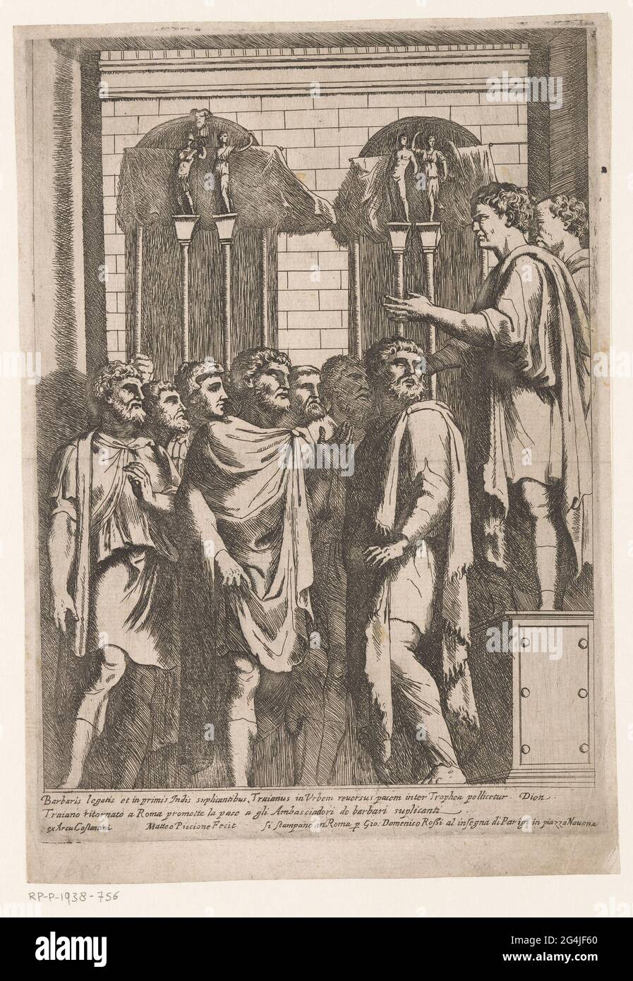 Trajan promet la paix; bas-reliefs sur l'Arche de Constantine. L'empereur  romain Trajanus est revenu à Rome et promet la paix à un groupe de bureaux  des barbares. Dans le sous-marin, une ligne