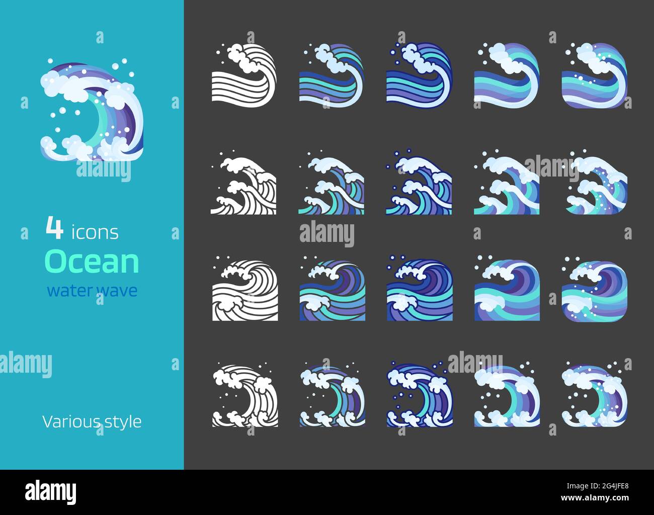 Océan eau vague mer icône différents styles d'illustration. Ligne colorée, silhouette, plat, brillant détaillé. Composition carrée. Illustration de Vecteur