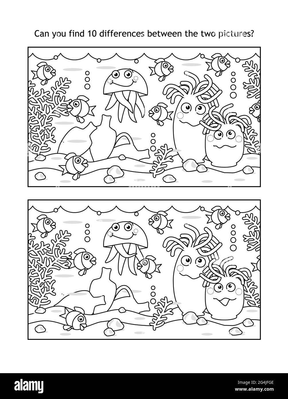 Trouvez dix différences sous-marine puzzle visuel et coloriage page, la vie de mer, noir et blanc, adapté à la fois pour les enfants et les adultes Banque D'Images
