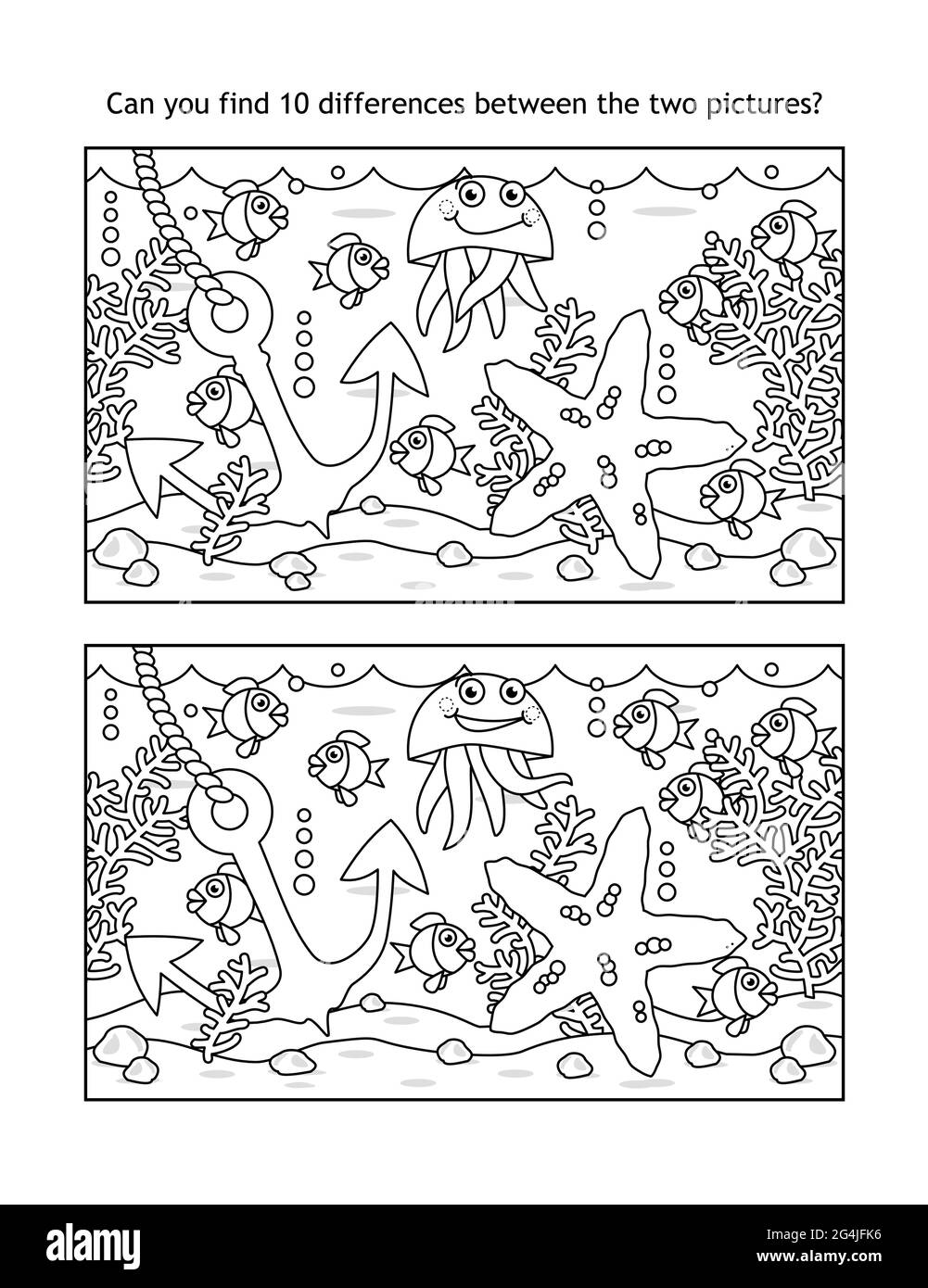 Trouvez dix différences sous-marine puzzle visuel et coloriage page, la vie de mer, noir et blanc, adapté à la fois pour les enfants et les adultes Illustration de Vecteur