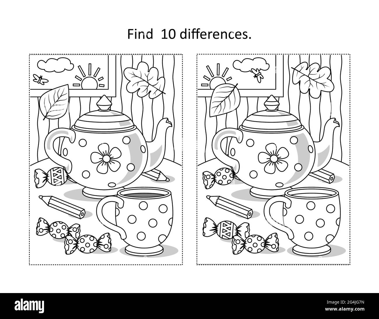 Trouvez 10 différences visuel puzzle et page de coloriage avec tasse, théière, bonbons Banque D'Images