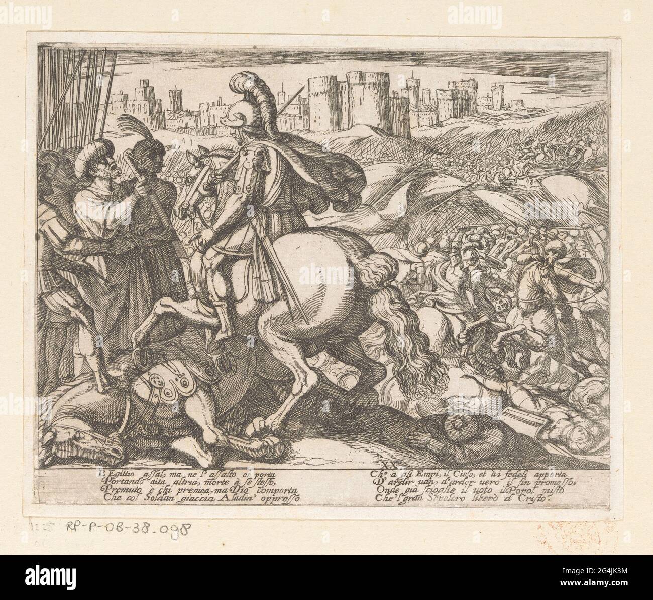 Illustration à Canto XX de 'Gerusalemme Liberata' DE TASSO; Jérusalem est soulagée (partie 2); Gerusalemme Liberata (partie 2). À gauche se trouve Altamore, le roi de Sarmachand, entouré de soldats. Il se rend à Godfried van Bouillon qui est à cheval pour lui. En arrière-plan, les armées et la ville de Jérusalem. Règles italiennes de tasso dans deux colonnes de Undermarge. Banque D'Images