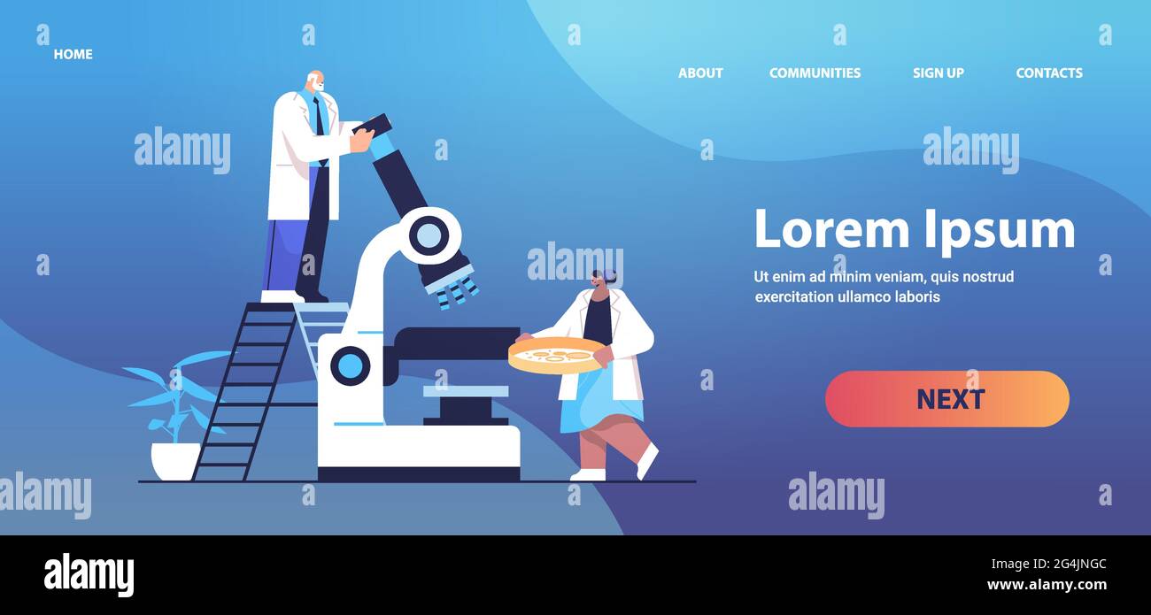 équipe de chercheurs scientifiques travaillant avec des chercheurs du microscope faisant des expériences chimiques en laboratoire Illustration de Vecteur
