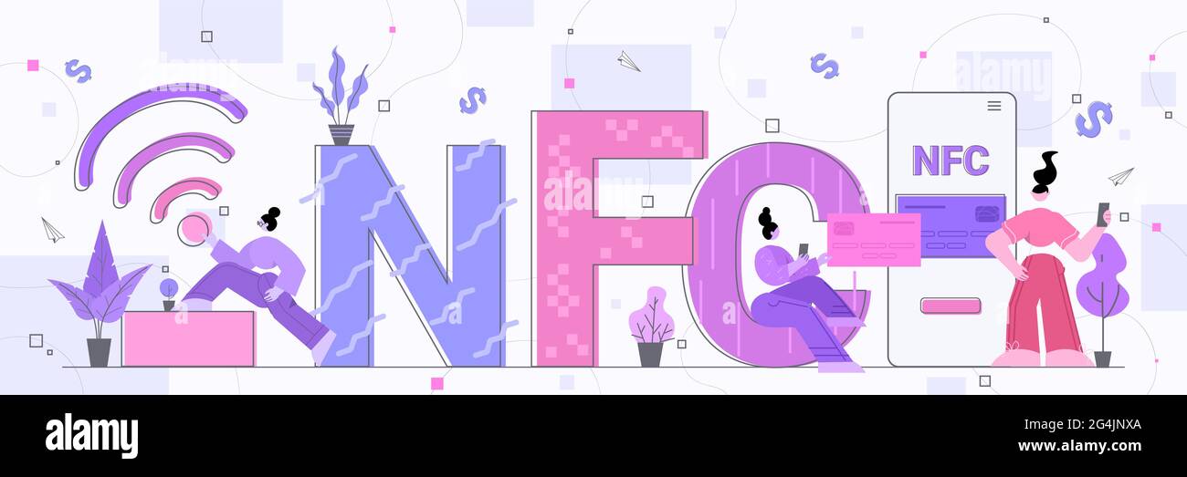 Les personnes utilisant la machine de paiement et le téléphone mobile avec carte de crédit paiement sans contact transaction NFC réussie Illustration de Vecteur