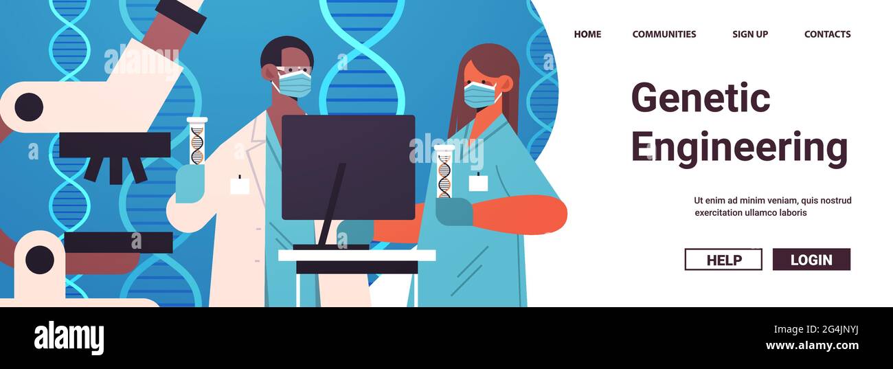Scientifiques travaillant avec l'ADN dans des tubes à essai chercheurs faisant des expériences dans le test d'ADN en laboratoire génie génétique Illustration de Vecteur