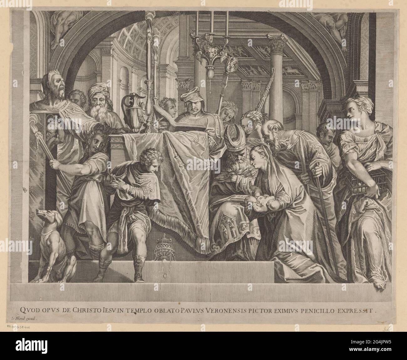 Présentation du Christ dans le temple. Maria s'agenouille avec l'enfant Christ dans les pauvres. En plus d'elle le grand prêtre Simeon. A droite une femme avec une cage avec pigeons. Une ligne de texte latin dans undermarge. Banque D'Images