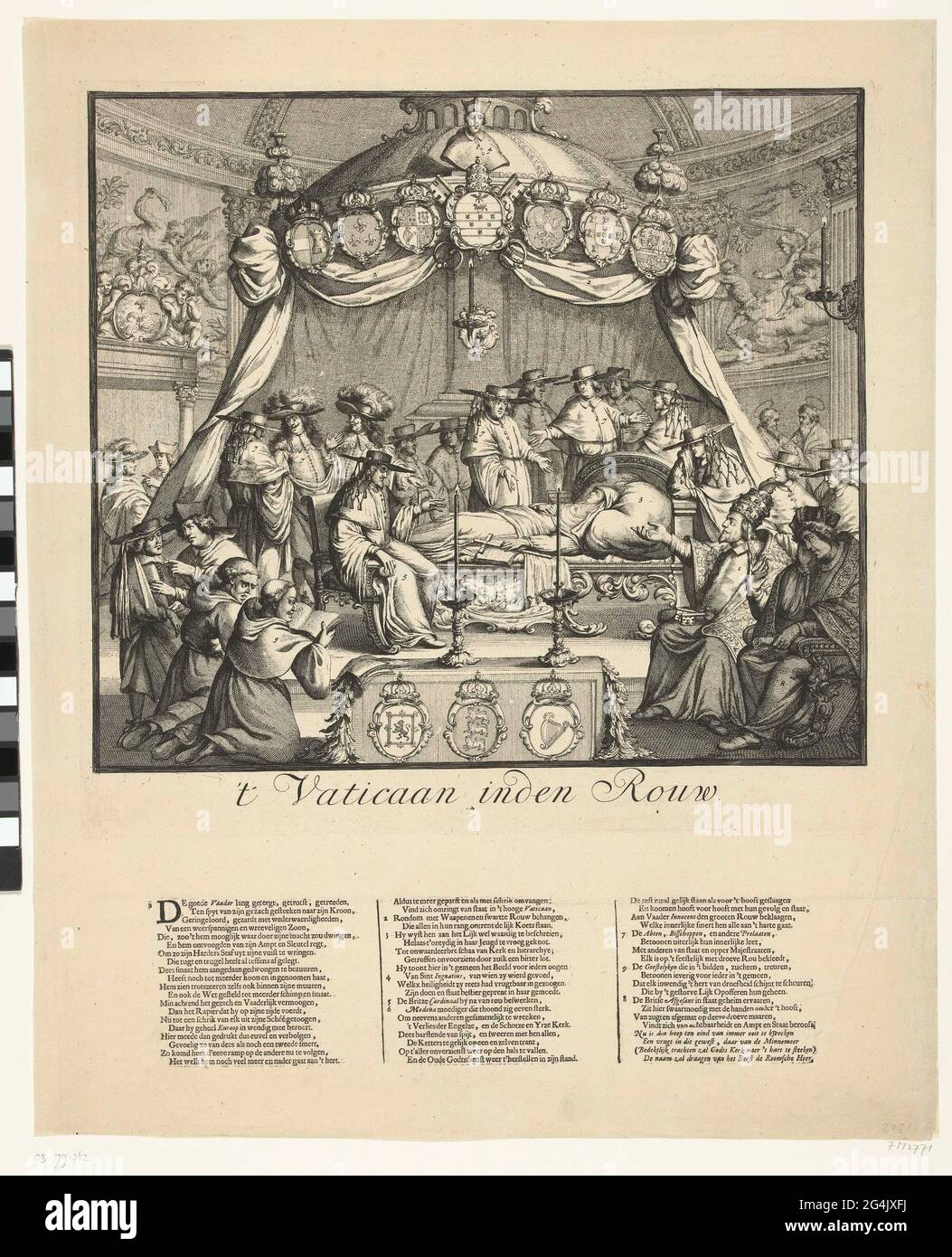 . Caricature sur la chute de l'Église catholique en Angleterre avec le vol Jacobus, 1688-1689. L'église en forme de jeune non couché sur son lit de mort entouré de nombreuses personnes en deuil. Sur la droite, le pape, à l'extrémité principale et au pied du roi et du grand lit, plus de clergymen. Sous le spectacle un verset en 3 colonnes avec une déclaration des figures 1-8 en néerlandais. Banque D'Images